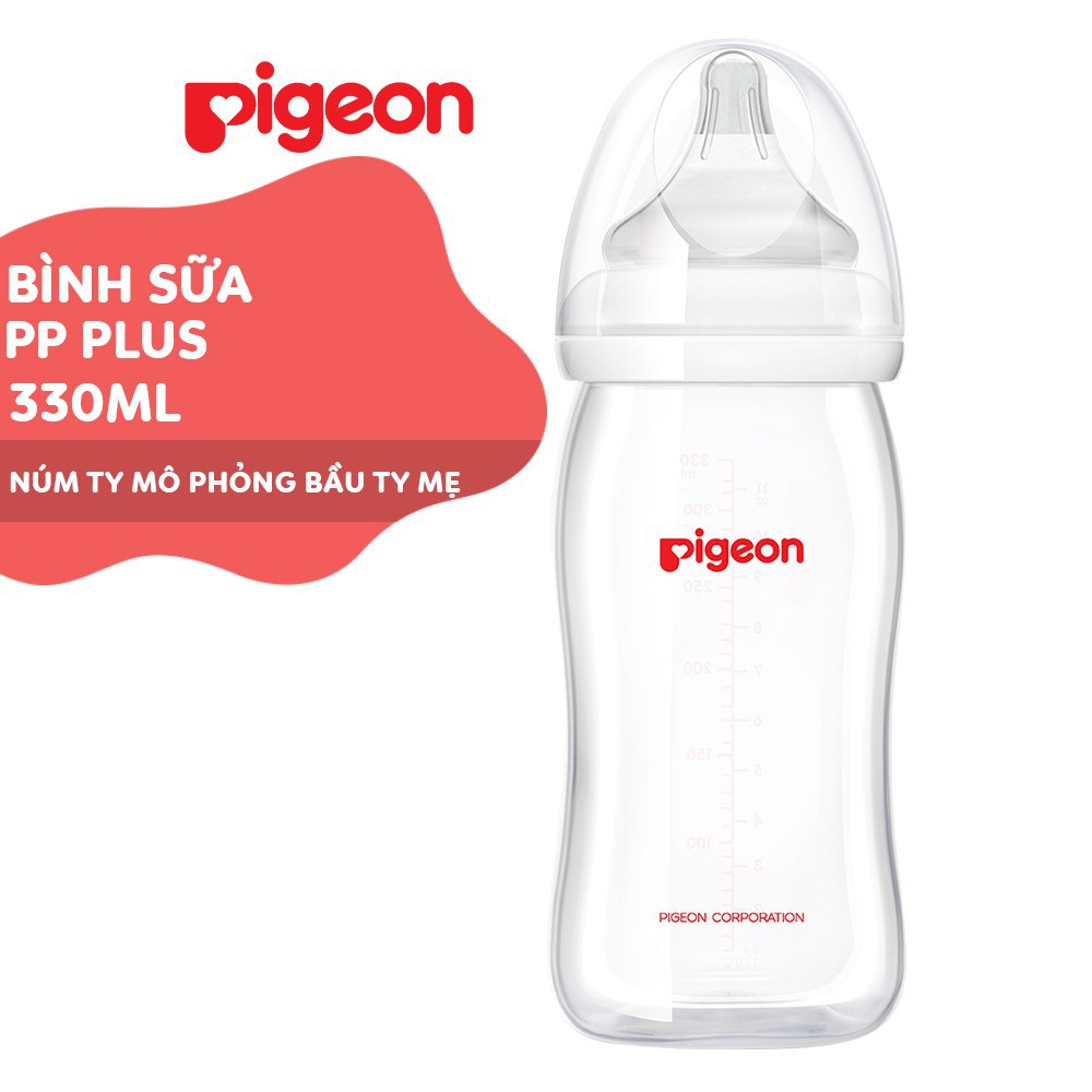 Bình sữa Pigeon 160ml / 240ml / 330ml cổ rộng PP Plus với núm vú silicone siêu mềm Plus