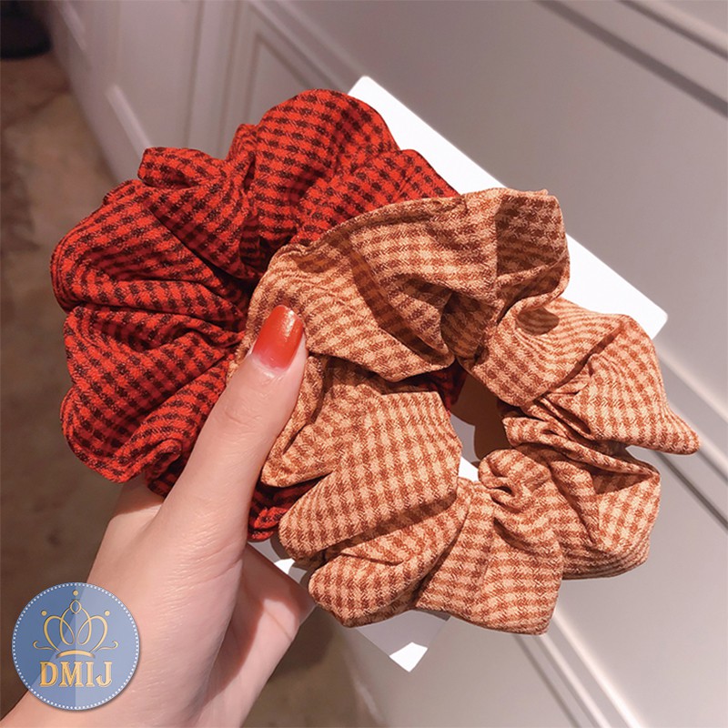 Cột Tóc Vải Scrunchies Hoạ Tiết Caro Nhỏ Phong Cách Vintage