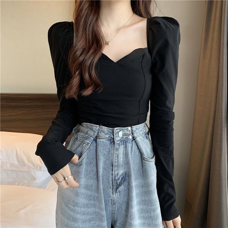 Áo thun NZN tay dài cổ vuông màu sắc đơn giản thời trang cho nữ