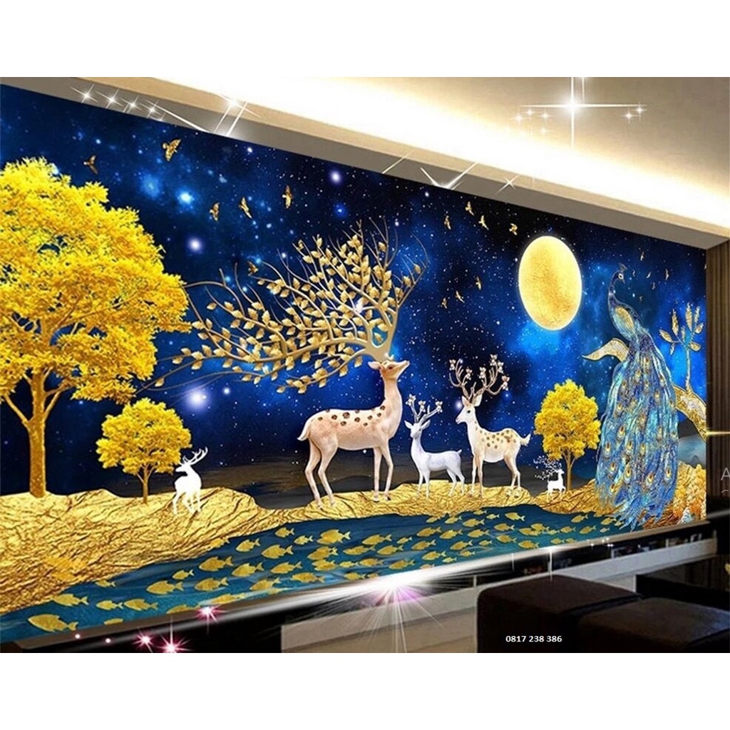 TRANH ĐÍNH ĐÁ CAO CẤP   PHONG CẢNH HƯƠU NAI TÀI LỘC YD3009, LV591, LV592, LV593; Tranh thêu E57, LV3549, LV3550