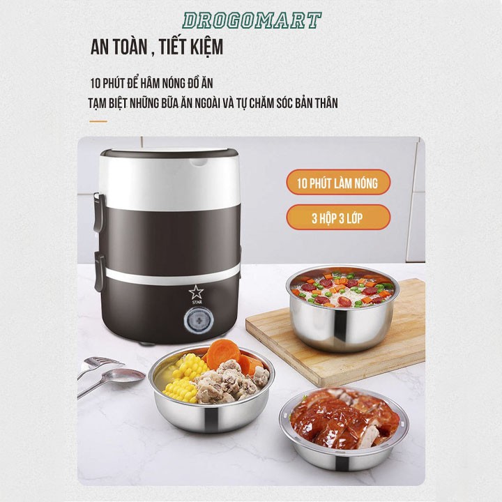 Hộp cơm giữ nhiệt  3 tầng inox cắm điện, Cặp lồng ủ cơm Star giúp hâm nóng cơm, thức ăn