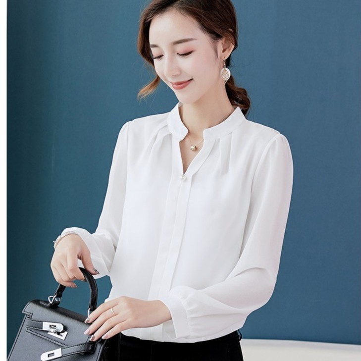 Áo Sơ MI Nữ Tay Dài Cổ Kiểu Nút Ngọc SM67