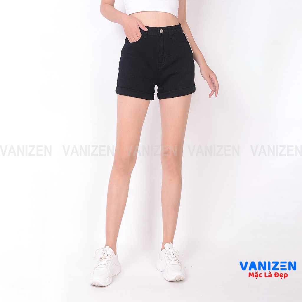 Quần short jean nữ ngắn đẹp lưng cao cạp cao gấu gấp trơn đen trắng hàng hiệu cao cấp mã 4380 VANIZEN