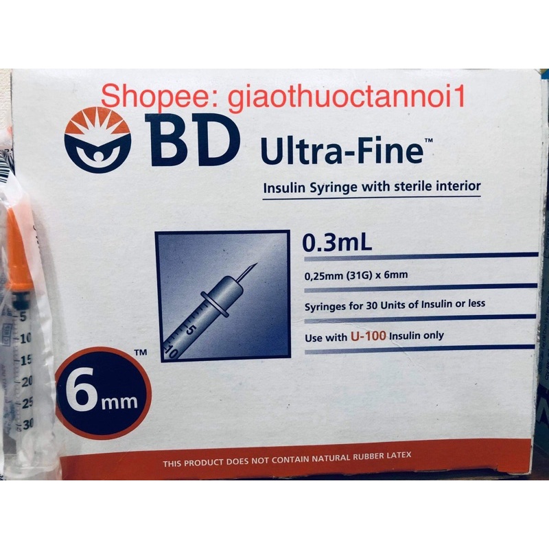 Bơm kim tiêm insulin BD ultra fine(usa Mỹ)0.3ml dung tích(thể tích dung dịch)30U 0.25mm(31G) x 6mm(kim chích tiểu đường