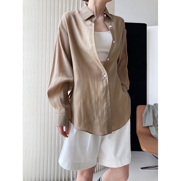 Áo sơ mi chất liệu tơ thắt nơ eo - A002
