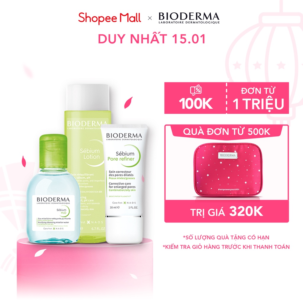 Bộ sản phẩm chăm sóc da dầu và hỗn hợp Biodema Sebium (Tẩy trang micellar 100ml + Lotion 200ml + Pore Refiner 30ml)