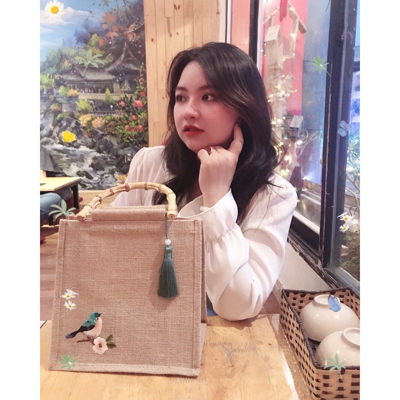 Túi cói bố hoạ tiết thêu thủ công 🦜