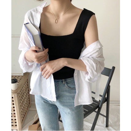 Áo thun nữ cổ vuông 2 dây bản to chất borip gân