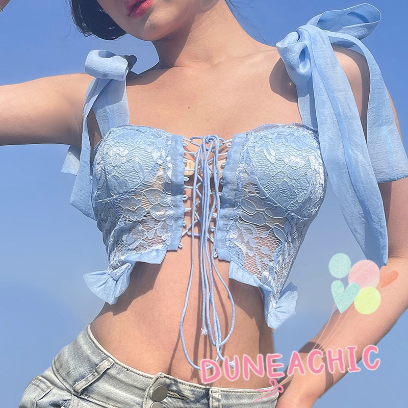 DUNEA Áo Tank Top Hở Lưng Phối Ren Phong Cách Quyến Rũ