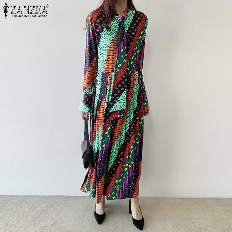 Đầm dài Zanzea cổ tròn tay dài in họa tiết hoa thời trang retro cho nữ