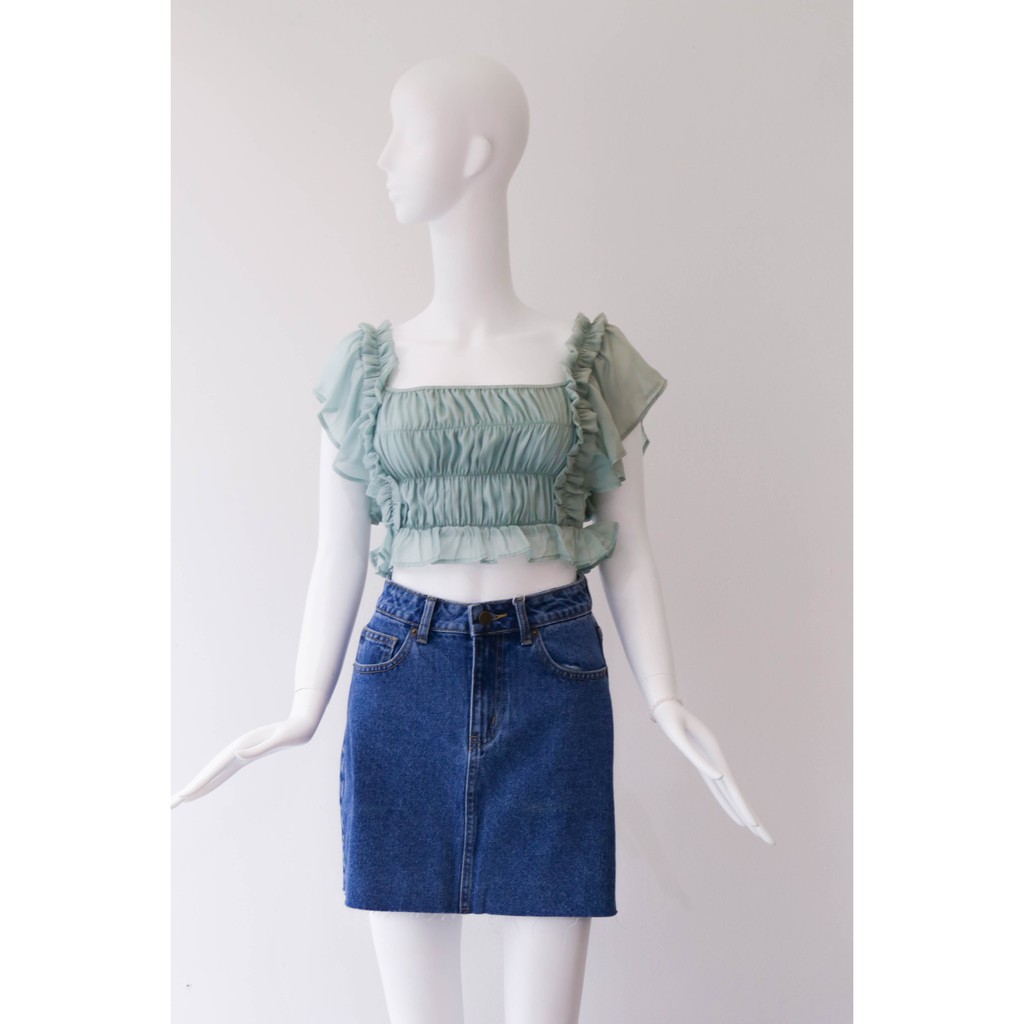 Áo voan freesize HEYBEE phom ngắn nhún bèo (2 màu) - BLUE BELL TOP HT630.