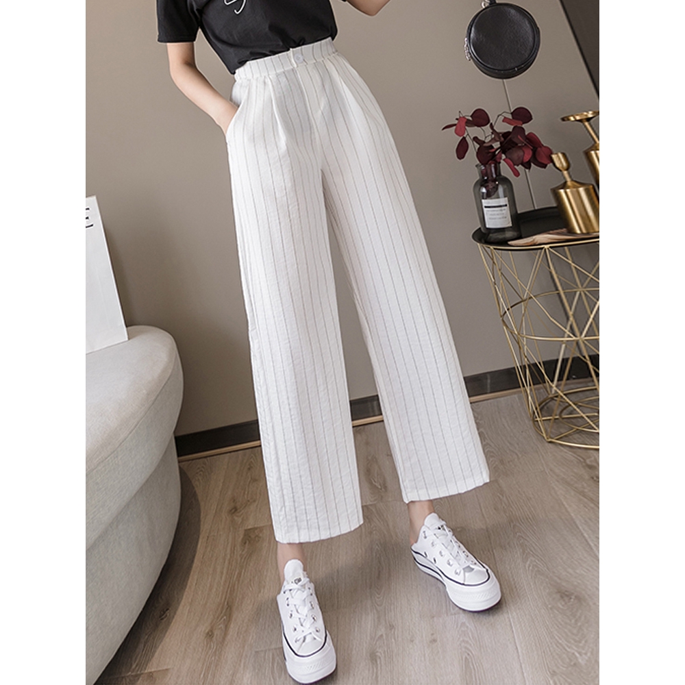 Quần dài vải cotton lanh mỏng form rộng dáng suông kẻ sọc dễ thương | BigBuy360 - bigbuy360.vn