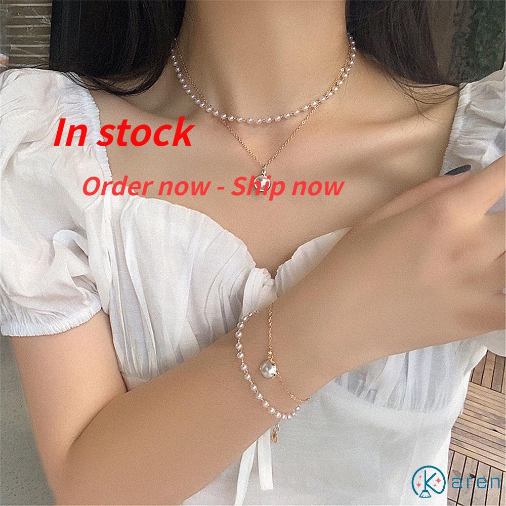 Vòng Cổ Choker Hai Lớp Đính Hạt Ngọc Trai Thời Trang Mùa Hè 2021 Cho Nữ