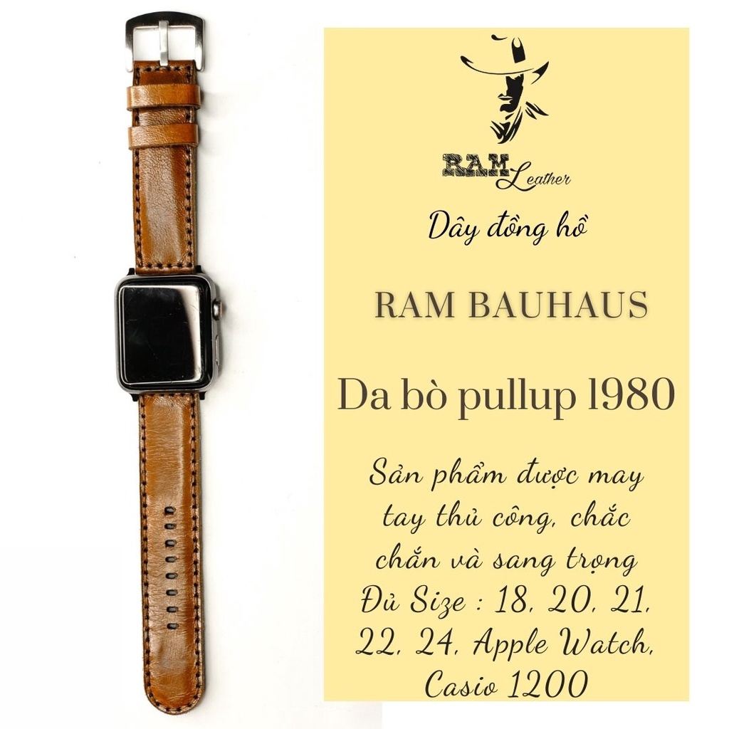 Dây apple watch da bò thật nâu đỏ handmade bền chắc cực đẹp RAM Leather bauhaus 1980 - tặng khóa chốt và adapter