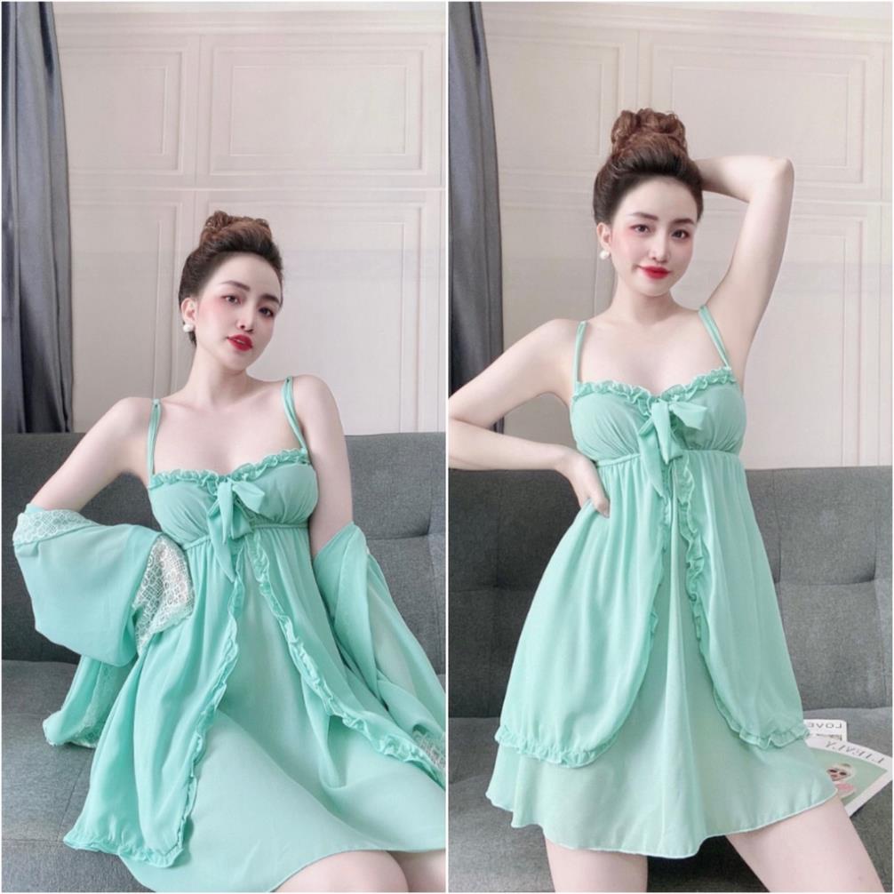 Váy Ngủ Tiểu Thư, Áo Choàng Ngủ Kèm Váy Chiffon Cao Cấp &lt;60kg