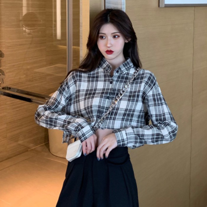 Áo Sơ Mi Croptop Tay Ngắn Họa Tiết Sọc Caro Phong Cách Retro Cho Nữ