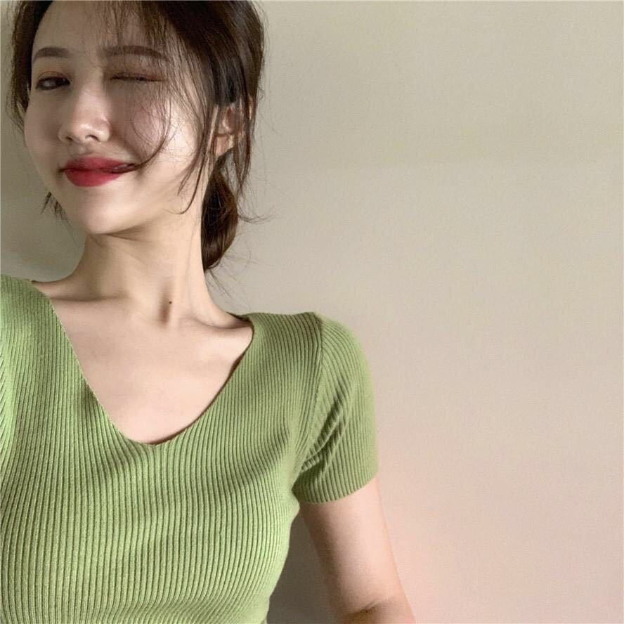 ✣☃Áo phông lụa băng giá nữ mùa hè V -có cổ ngắn tay xuân phiên bản mới của Hàn Quốc len mỏng kết hợp tất cả các
