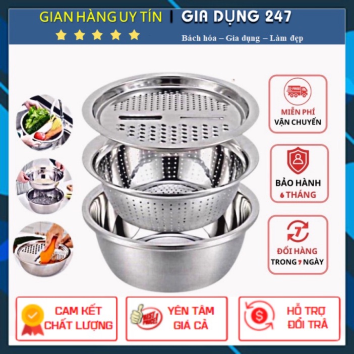 Set 3 chậu Rổ nạo rau củ đa năng kèm chậu, bộ rổ nạo inox bào sợi