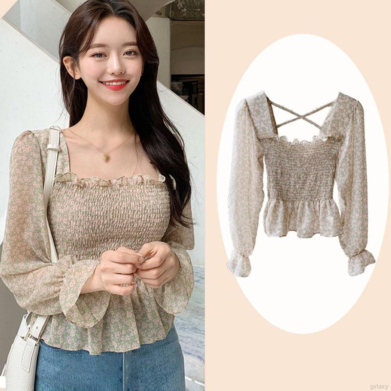 Áo Voan Dài Tay In Hoa Với Thiết Kế Cổ Vuông Xinh Xắn Theo Phong Cách Retro Hàn Quốc | BigBuy360 - bigbuy360.vn