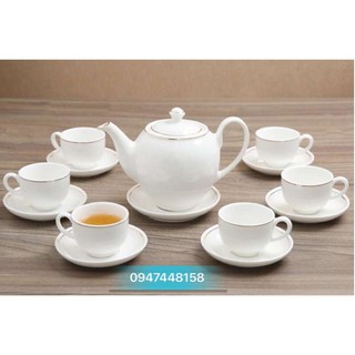 Bộ ấm chén trắng chỉ vàng