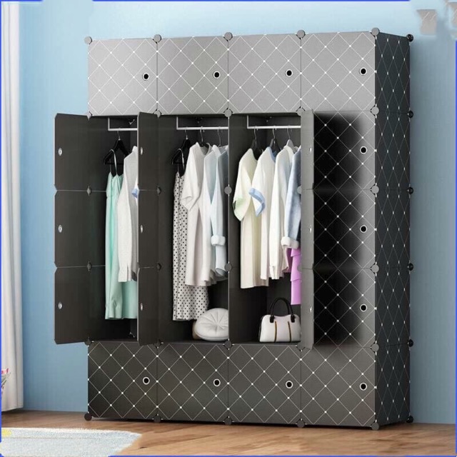 TẶNG 1 MÓC TỦ 20K_Tủ nhựa ghép 20 ô bộ caro đen siêu hiện đại sâu 47cm. Tặng kèm 3 treo đồ.