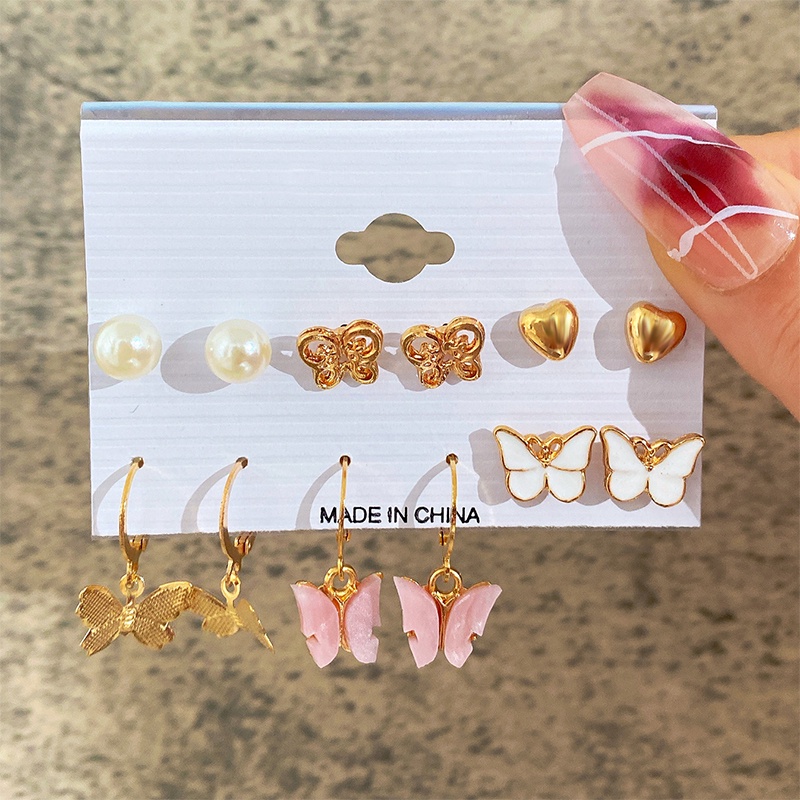 Set 6 Khuyên Tai Mạ Bạc Hình Bướm/Trái Tim/Ngọc Trai Nhiều Màu Sắc