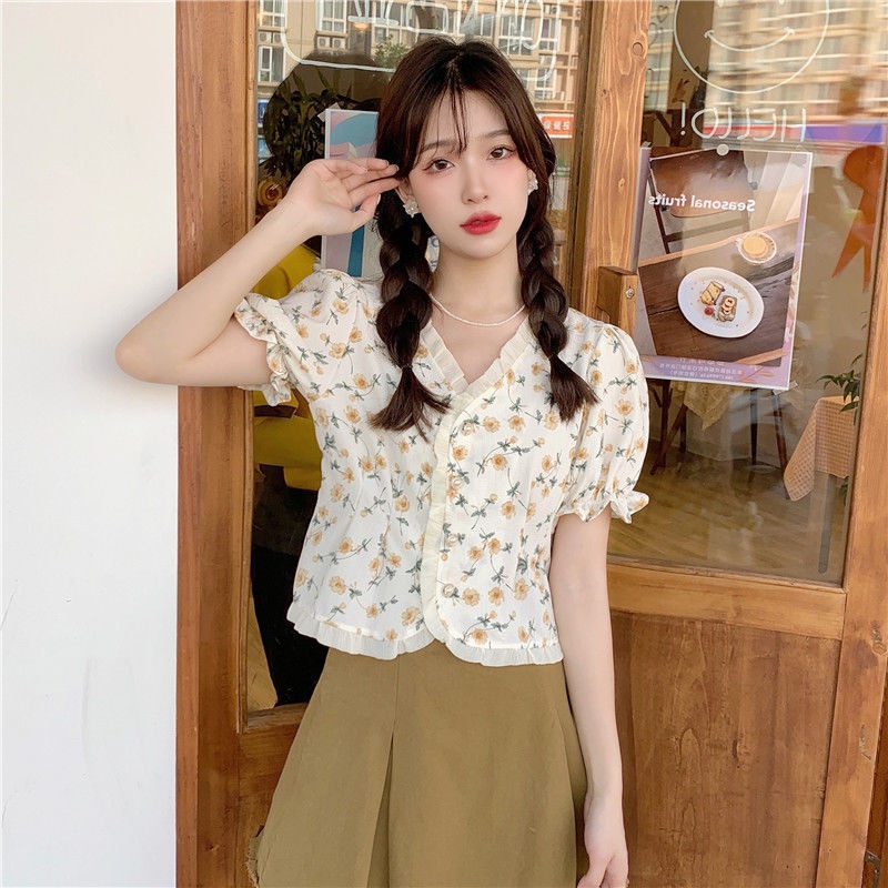 Áo Sơ Mi Cổ Chữ V Tay Phồng In Họa Tiết Hoa Phong Cách Mùa Hè Hàng Mới Dành Cho Bạn Nữ