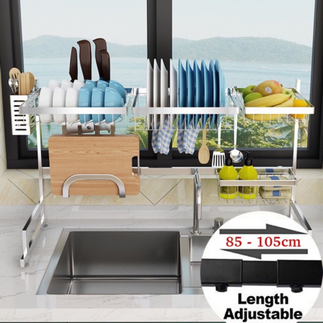 Kệ chén đa năng inox mài bóng kéo dãn từ 85cm đến 105cm