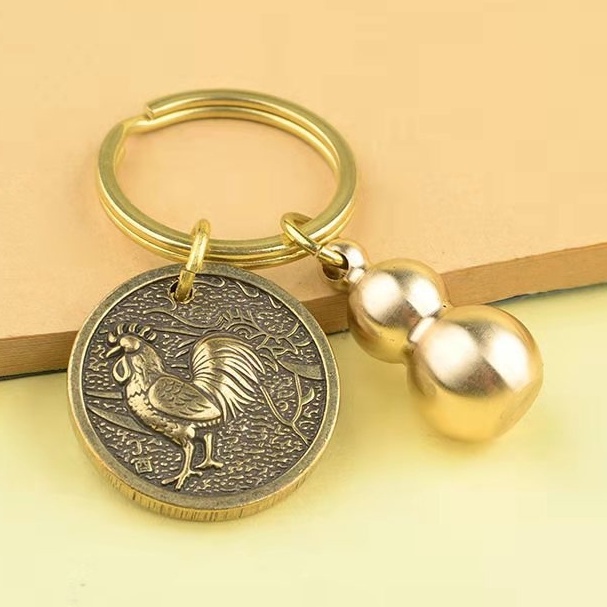 Móc Khóa Đồng Thau 2 Món Đồng Xu(A) 12 Con Giáp ,Quả Bầu, Phong Thủy May Mắn Chiêu Tài Lộc