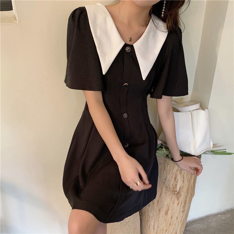 Váy Babydoll Bigsize Cổ Búp Bê Xuông Màu Đen Phong Cách Pháp Trang Xinh Xắn Váy Nữ