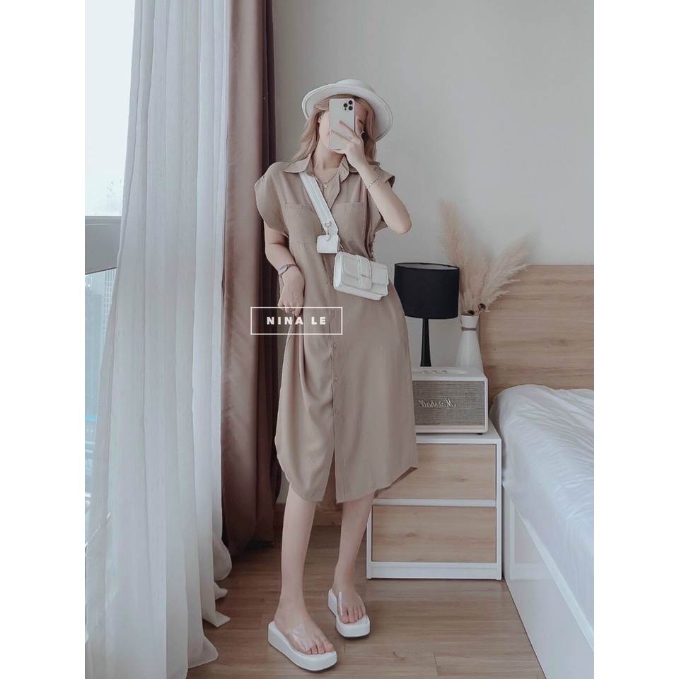 [Miễn Phí Ship 50K-GIAN HÀNG CHÍNH HÃNG] Đầm nữ thời trang mặc đi chơi, Đầm maxi sơmi lụa tay ngắn có túi cá tính