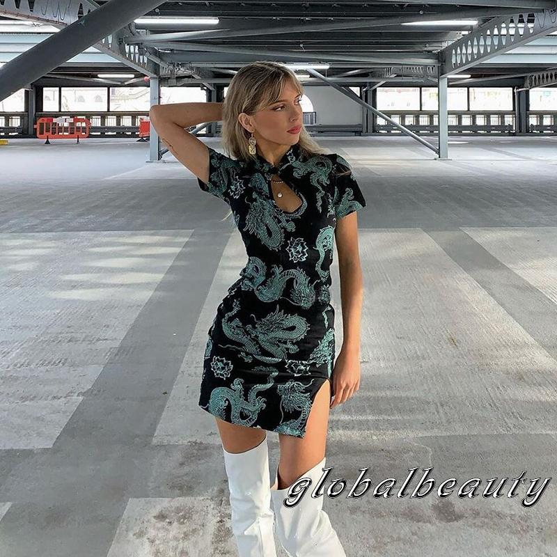 Đầm Sườn Xám Ôm Dáng In Hình Rồng Phong Cách Trung Hoa Cho Nữ