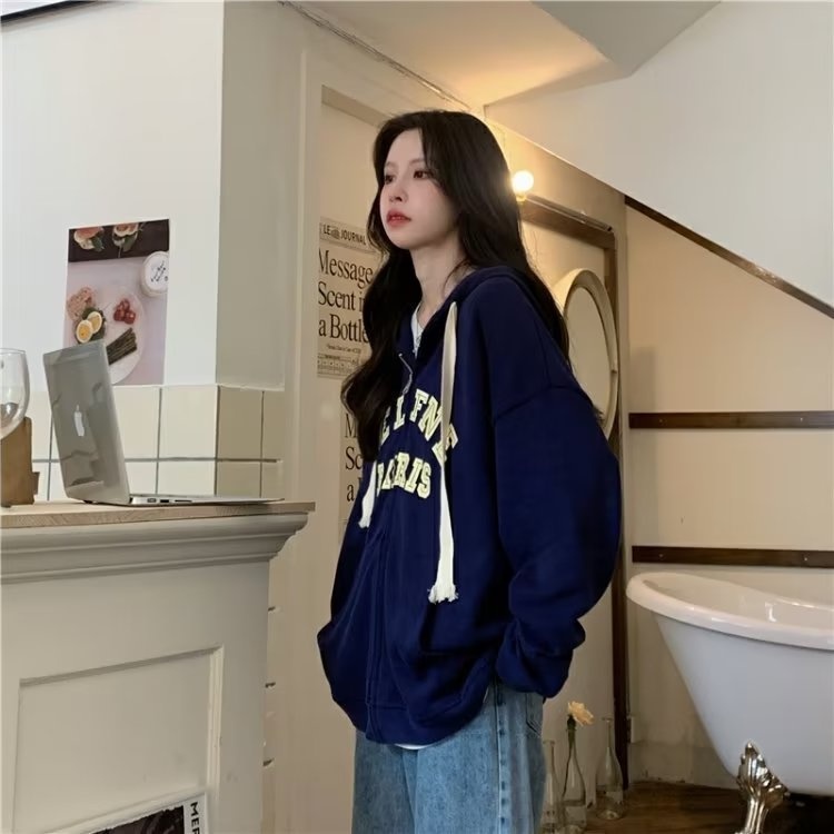 Áo Khoác hoodie Tay Dài Có Khóa Kéo In Chữ Phong Cách Hàn Quốc Thời Trang Cho Nam Và Nữ