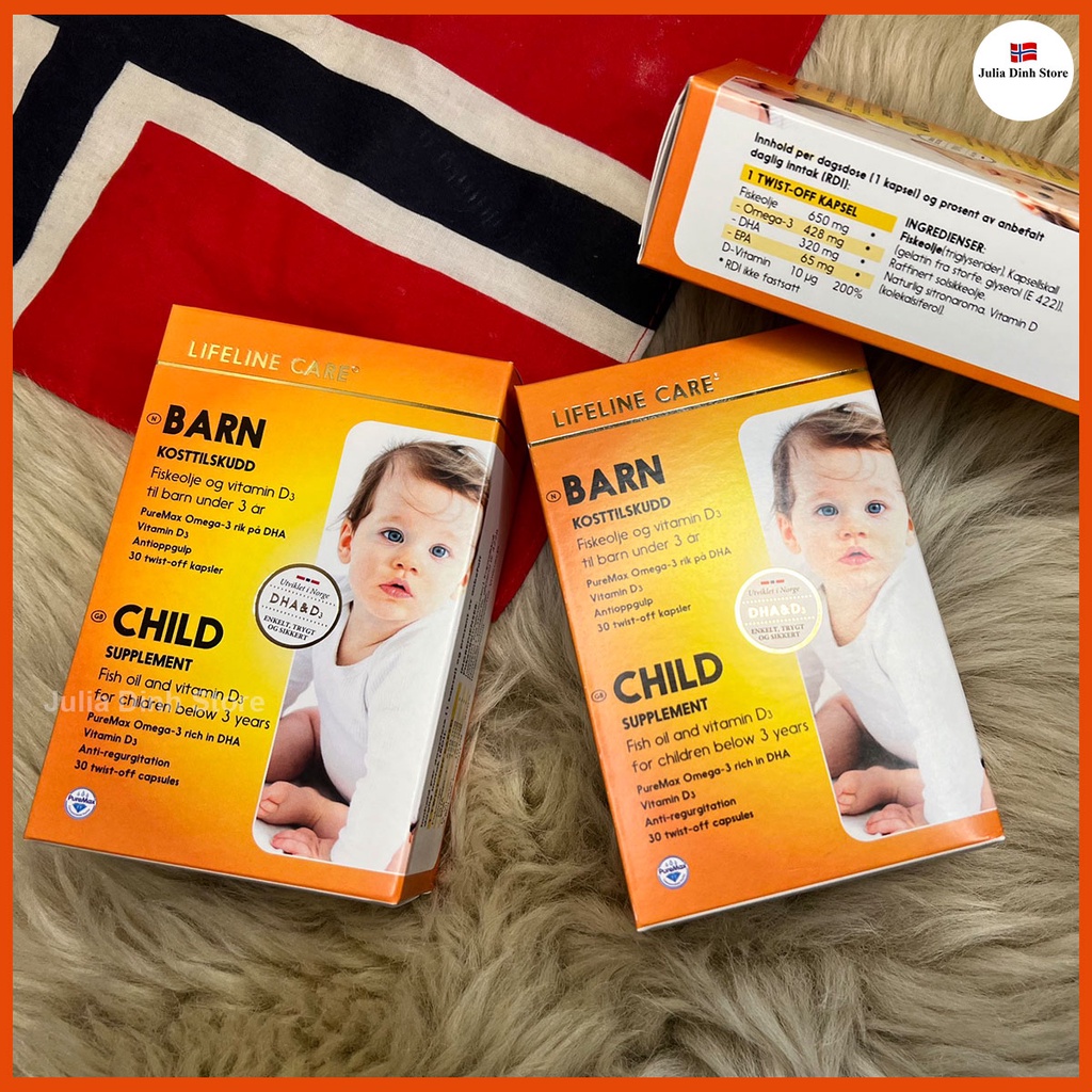 Dầu cá kim cương LIFELINE CARE BARN bổ sung Omega 3, Vitamin D3 cho bé từ 4 tuần tuổi nội địa Na Uy - hộp 30 viên