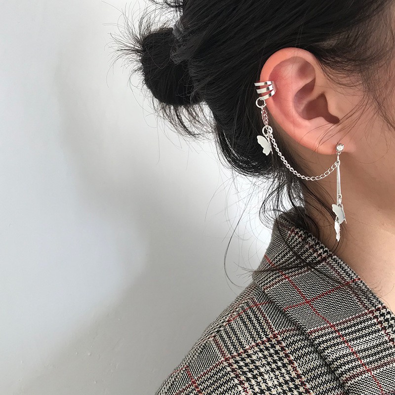 Khuyên tai kẹp vành một bên không bấm lỗ K014 bằng hợp kim mạ bạc hình cánh bướm dáng dài Leous Accessories