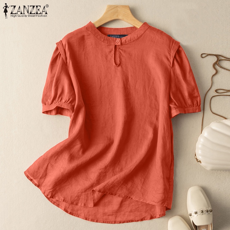 Áo kiểu ZANZEA cổ tròn tay ngắn phồng cài nút trước thời trang cổ điển