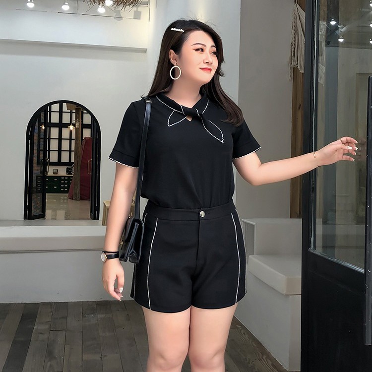 Áo cộc tay nơ cổ viền trắng cho người béo mập - ABEO110
