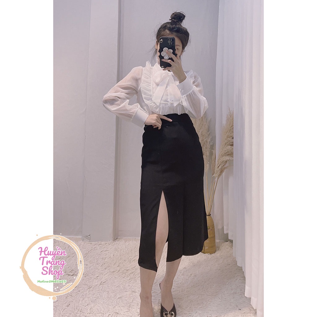 Áo sơ mi tơ mặt trước 2 lớp mặt sau 1 lớp + Chân váy xẻ | BigBuy360 - bigbuy360.vn