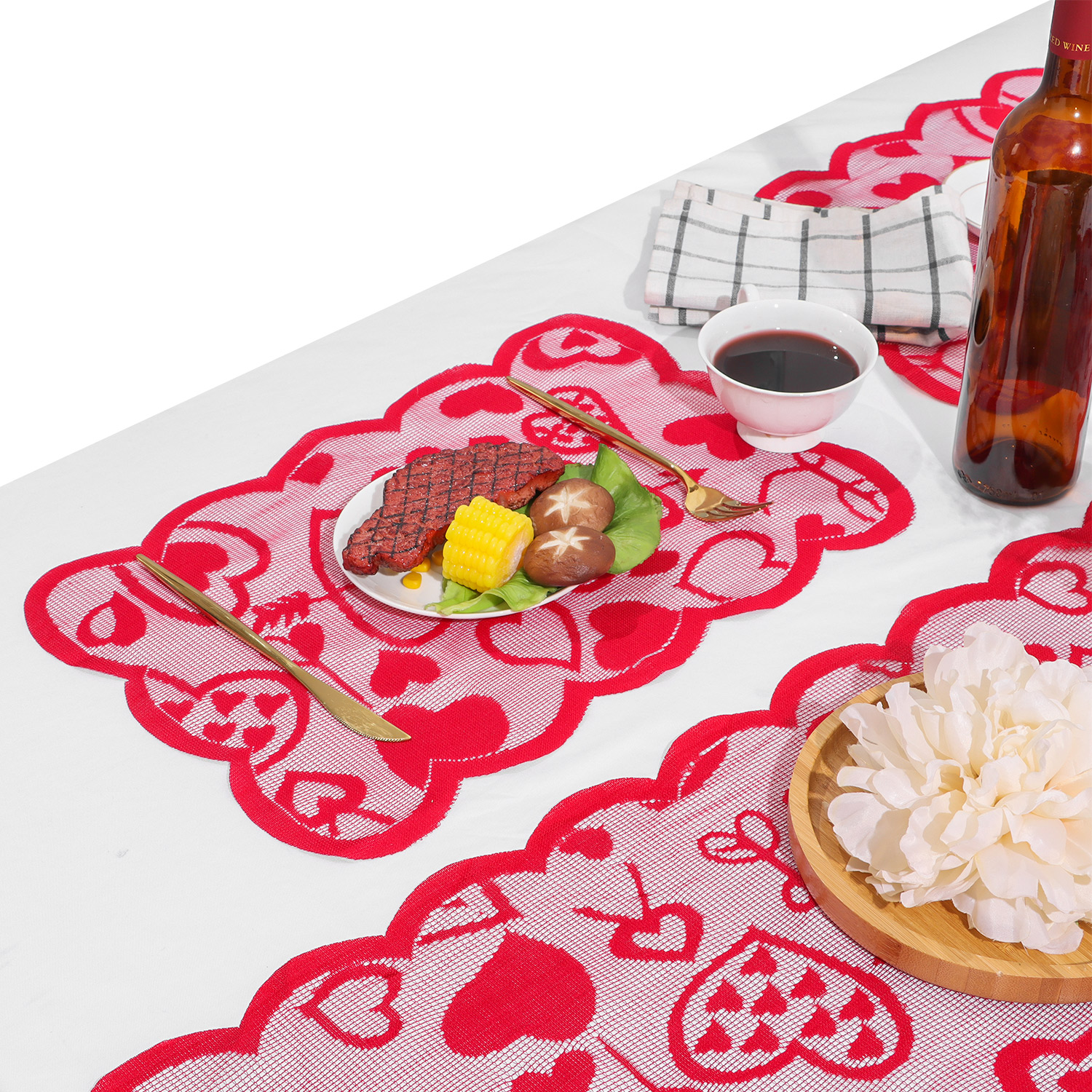 ❤LANSEL❤ 5PCS Rectangular Tablecloth Table Placemats Dinner Supplies Lace Table Runner Heart Party Wedding Anniversary Home Romantic Valentines Day