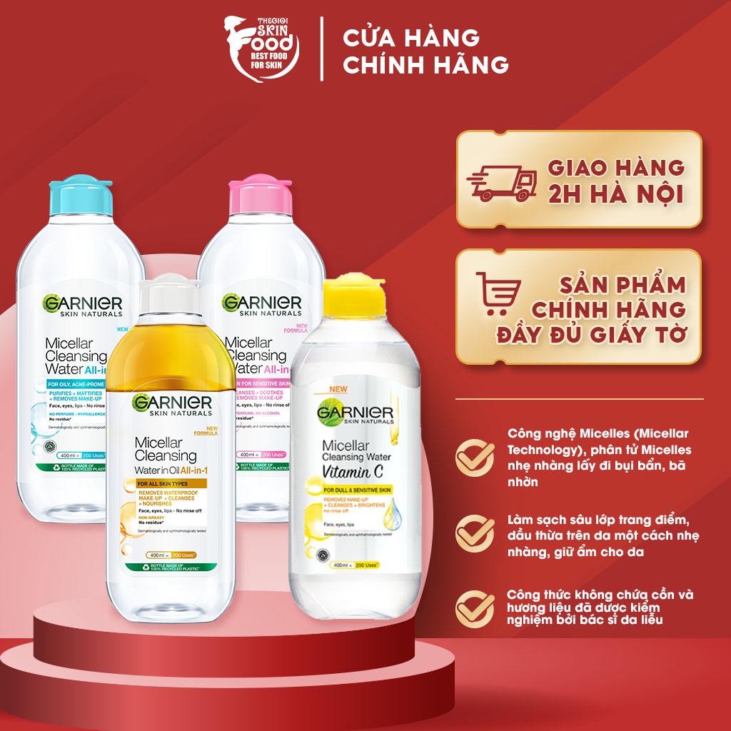 Nước Tẩy Trang làm Sạch Sâu, Ngừa Mụn, Sáng Da Garnier Micellar Cleansing Water 400ml