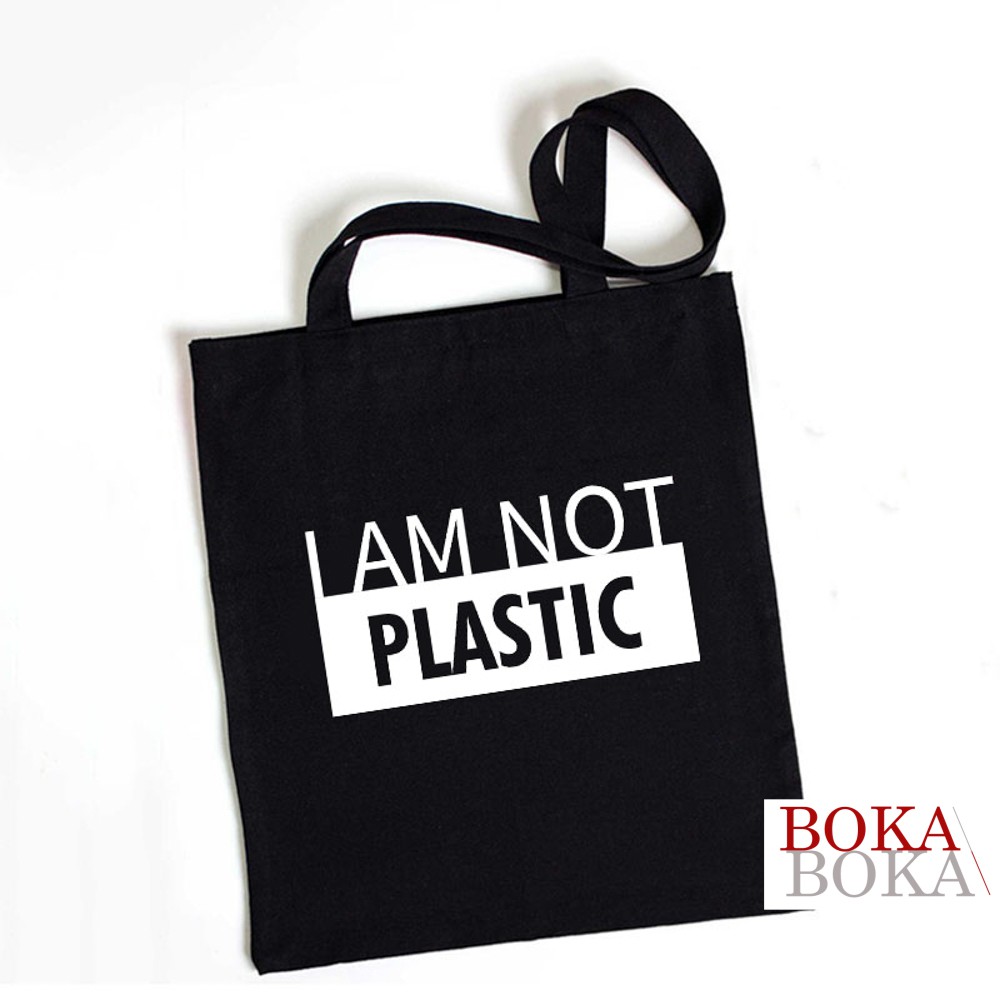 Túi Tote Canvas Màu Đen Có Khóa In Hình I Am Not Plastic Bảo Vệ Môi Trường