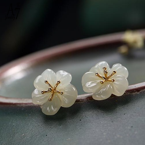 Bông Tai Mạ Bạc 925 Đính Đá Ngọc Bích Trắng Sang Trọng Cho Nữ A7 S925