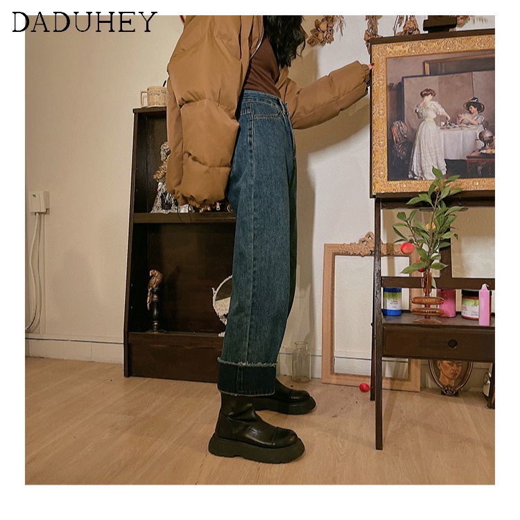 Daduhey Quần denim dài cạp cao ống rộng thời trang Hàn Quốc cổ điển sang trọng cho nữ