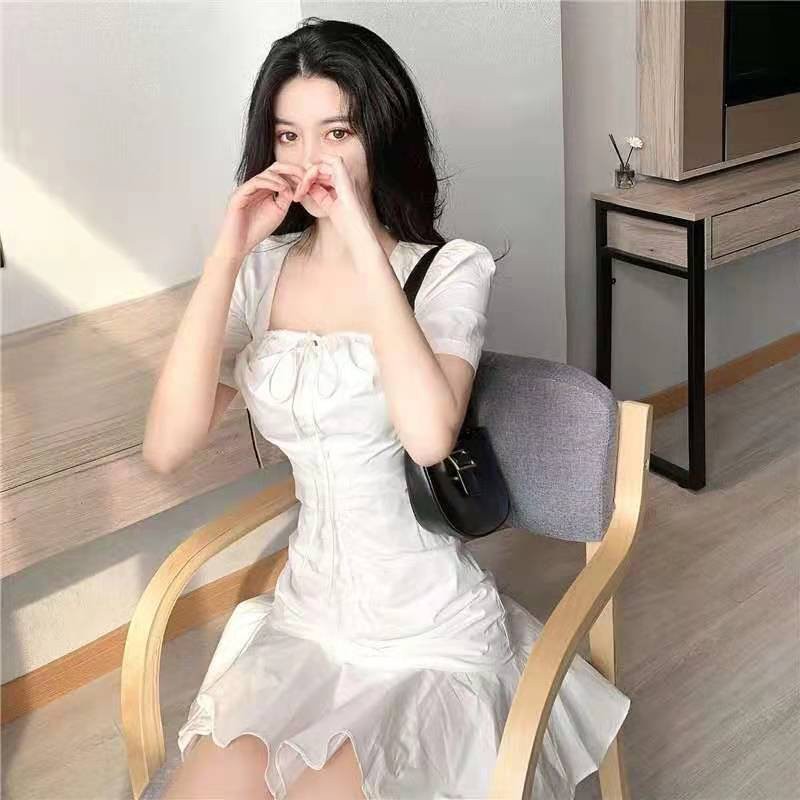 Đầm Nữ, Đầm trắng, Váy Nữ Đuôi Cá, Cổ Vuông Thắt Nơ, Chiết Eo Điệu Đà SIXTEEN.