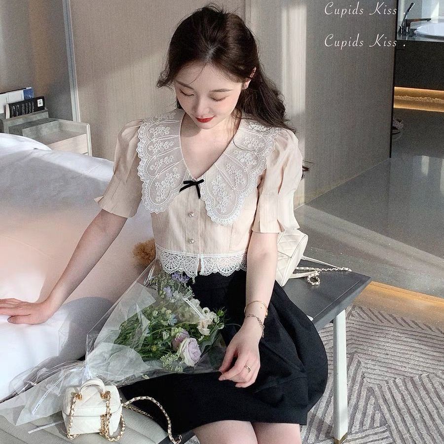 Set áo cổ ren và chân váy chữ A phong cách mới cho nữ