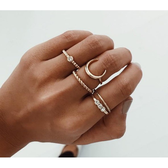 Nhẫn set 5 chiếc mặt hình trăng khuyết đính đá cho nam nữ - phụ kiện đeo tay rings bohomian unisex - Lolotica