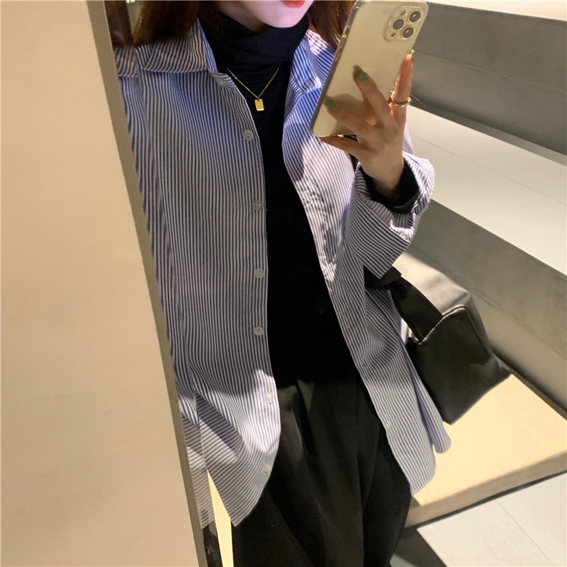 Áo Sơ Mi Tay Dài Họa Tiết Kẻ Sọc Phong Cách Retro Hàn Quốc