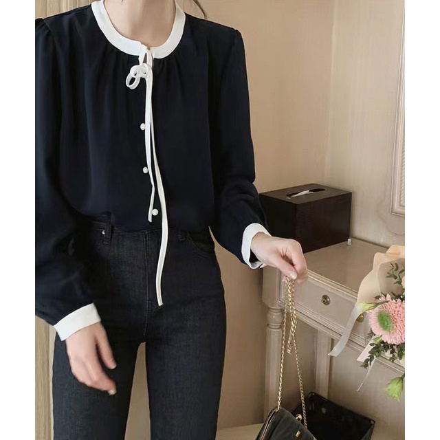 Áo Sơ Mi Tay Dài Buộc Dây Màu Đen Thanh Lịch Dành Cho Nữ 49305