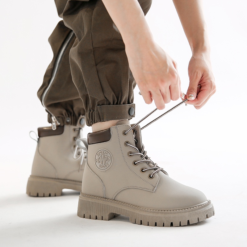 Giày Bốt Martin Da Lộn Gót Vừa Mũi Tròn Màu Vàng Thời Trang Cho Nữ