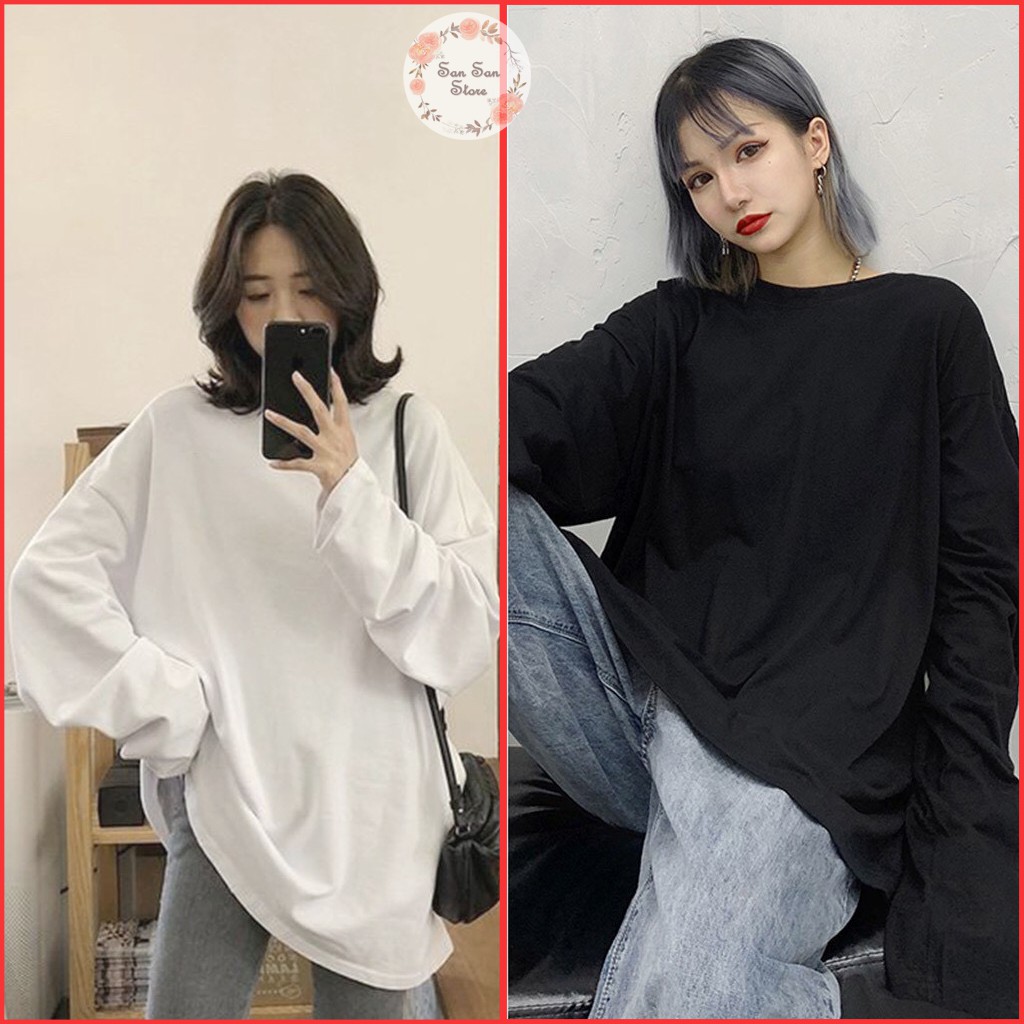 Áo Thun Nữ Tay Dài Form Rộng, Áo Sweater Màu Trơn Basic Dáng Rộng | BigBuy360 - bigbuy360.vn